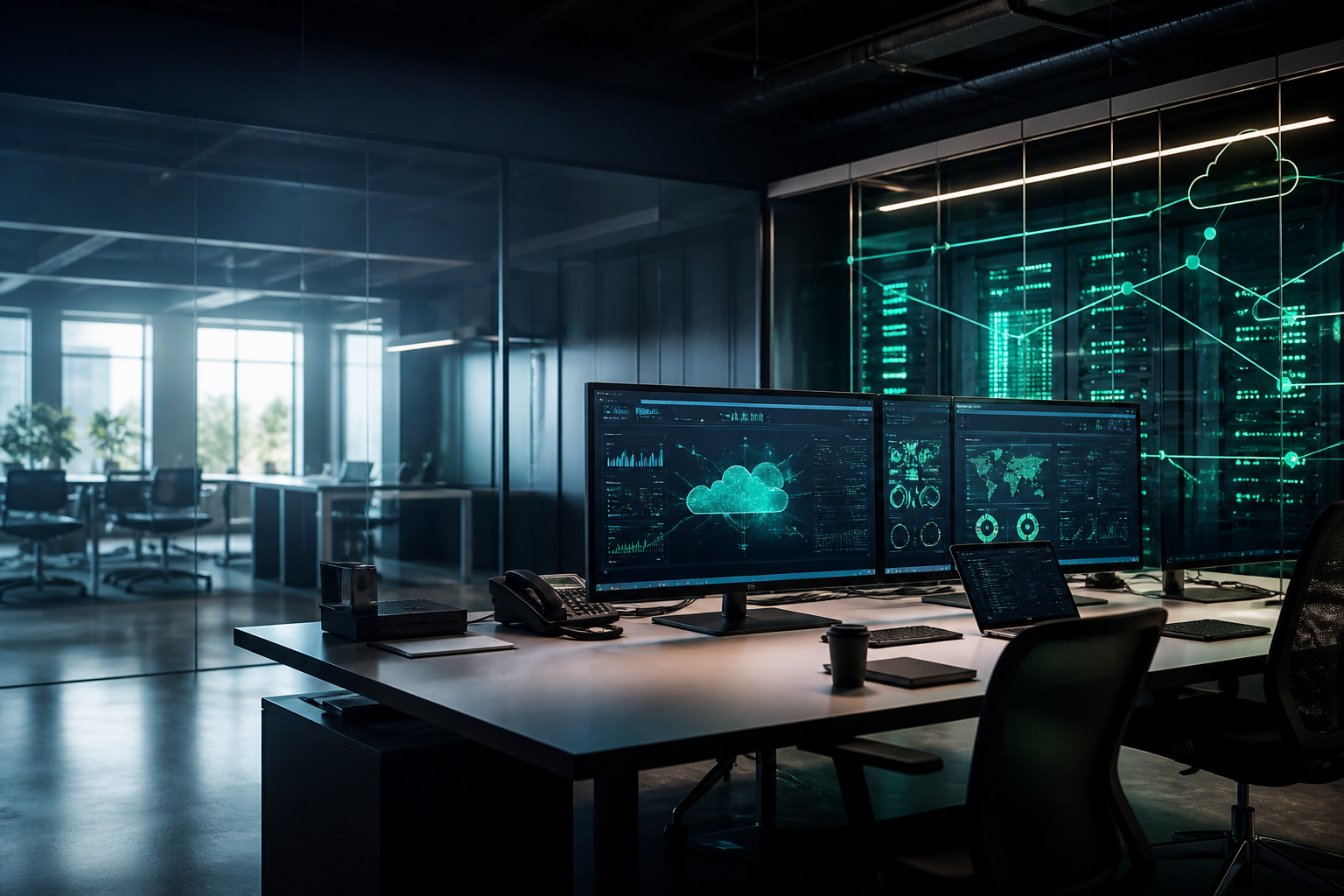 Modern IT operations room with cloud infrastructure dashboards